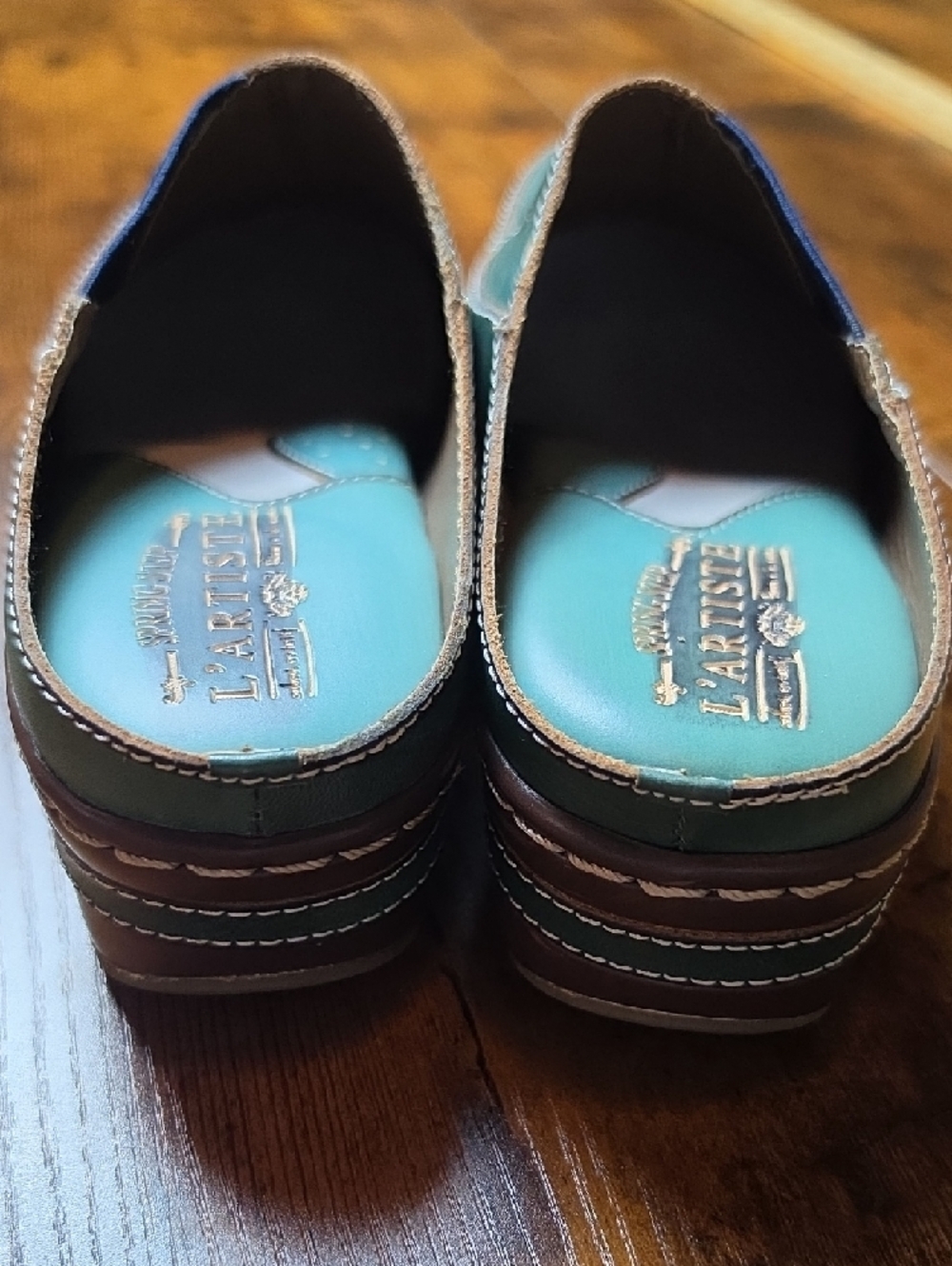 L’ARTISTE by SPRING STEP | Chino Leather Clogs Boho Chic Teal Green | EU 38 US 8 - Picture 5 of 9
